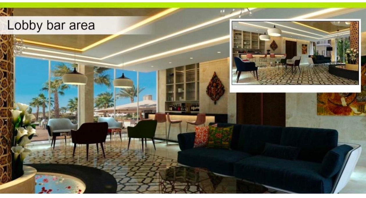 Brochure image of Aqua Palms lobby bar — floor-to-ceiling windows, designer seating, full bar