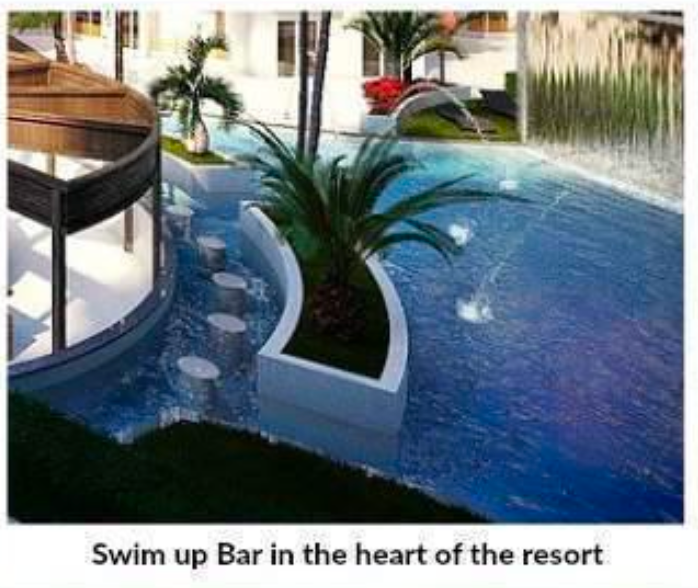 Brochure render — sweeping pool complex with circular timber cabana structures, palm trees, water features and sun loungers