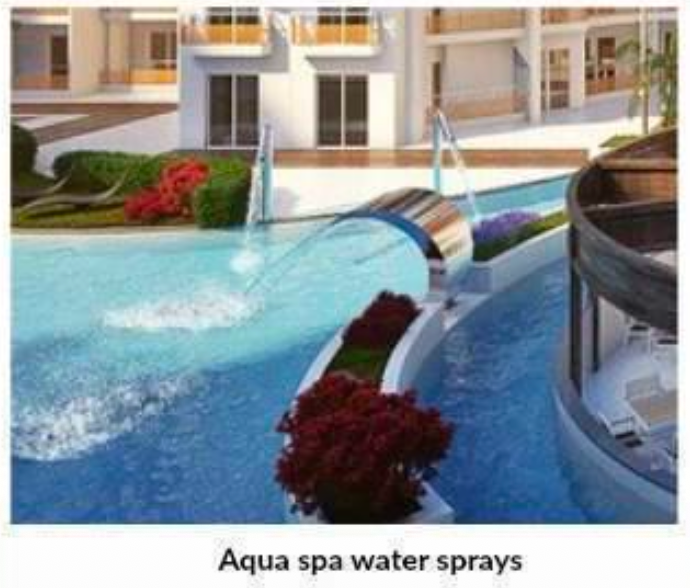 Brochure render — stainless steel arc water jets spraying into a beautifully landscaped pool with tropical planting