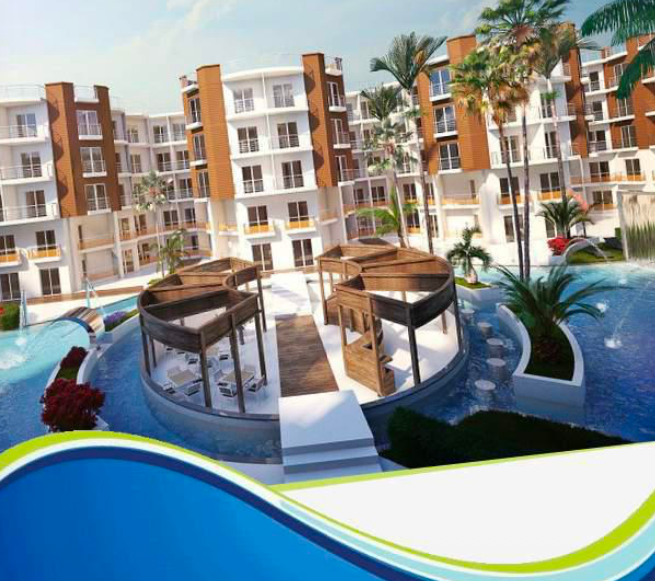 Brochure render — swim-up bar with submerged bar stools, curved pool, palm trees and water features