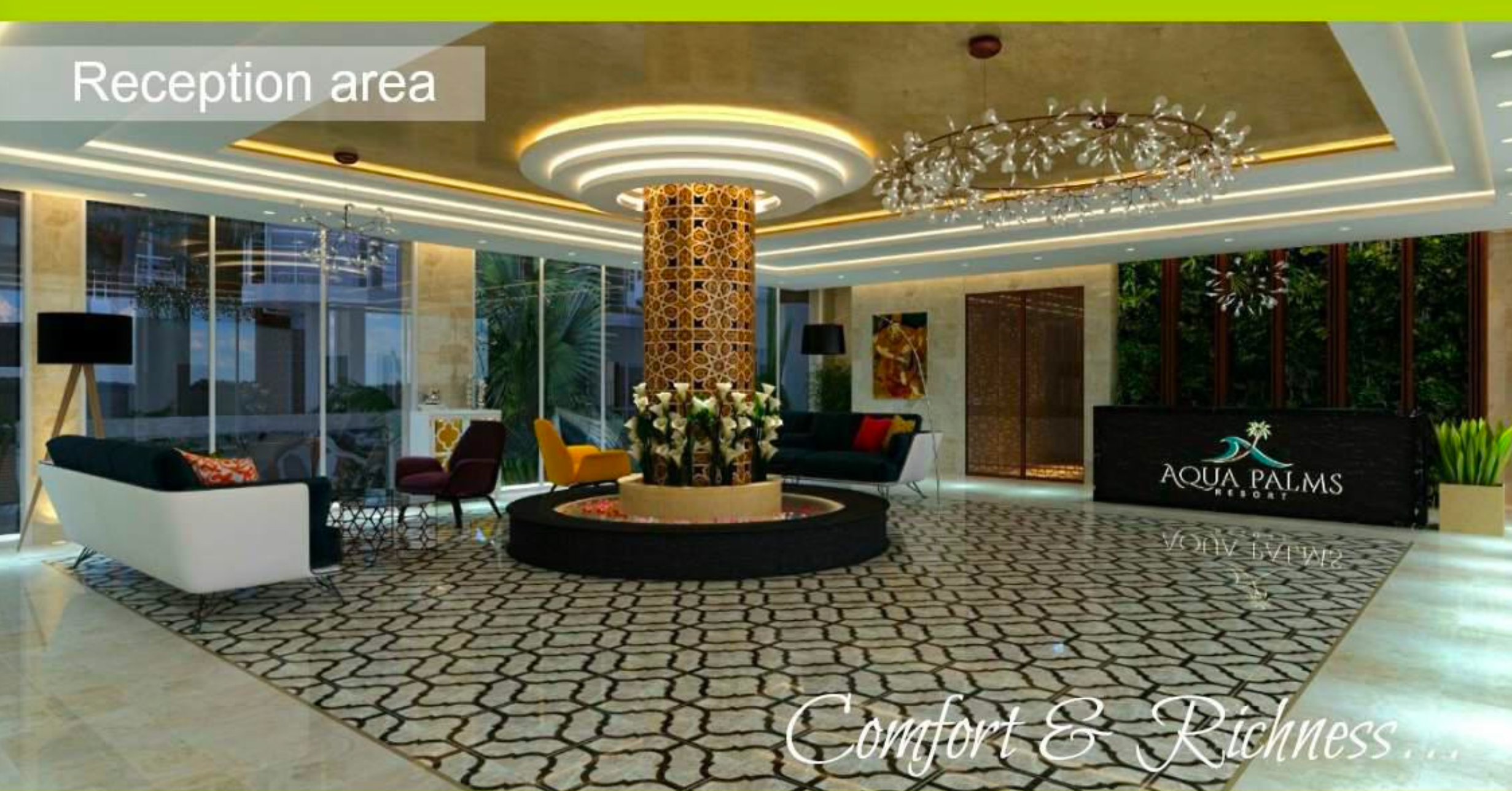 Brochure image of Aqua Palms reception — marble floors, chandelier, luxury furnishings
