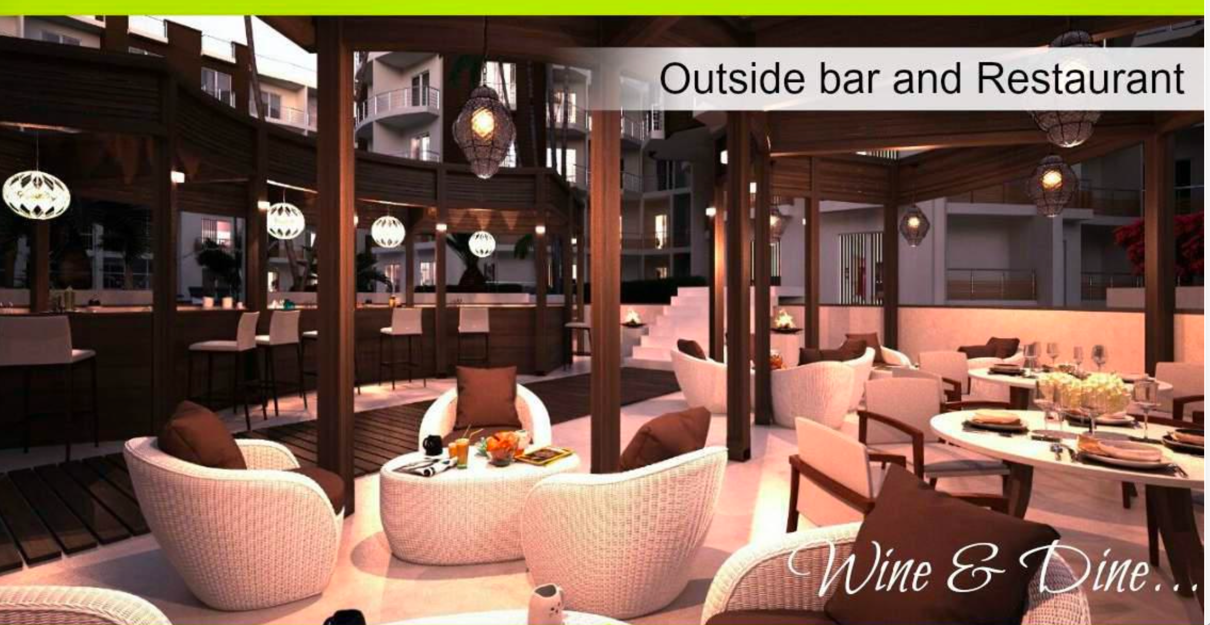 Brochure render of outside bar and restaurant — timber pergola structure, designer rattan seating, bar counter, warm lighting, Wine & Dine tagline