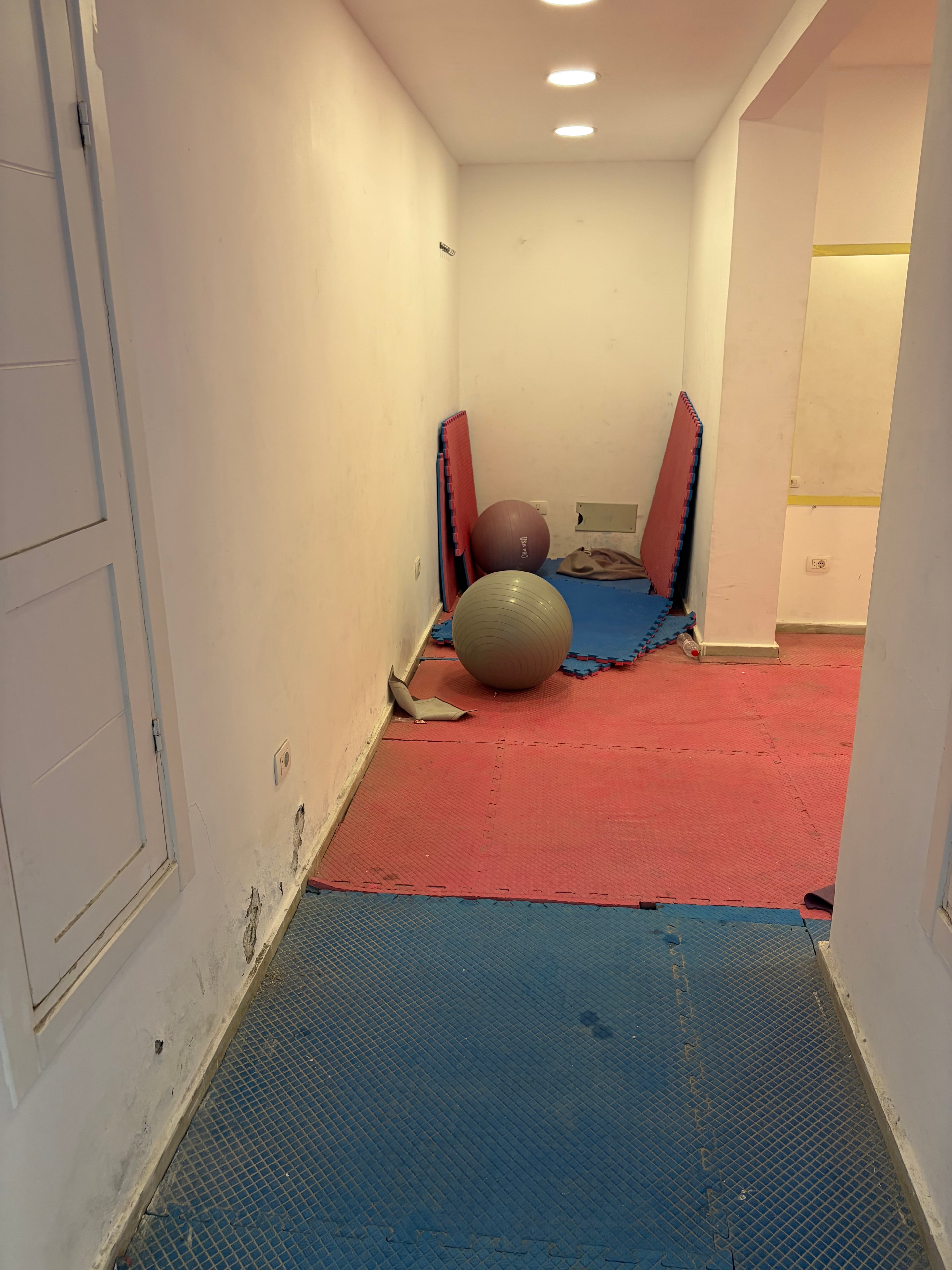 Sparse dumbbell rack with only 4kg and 5kg weights, bare unfinished walls