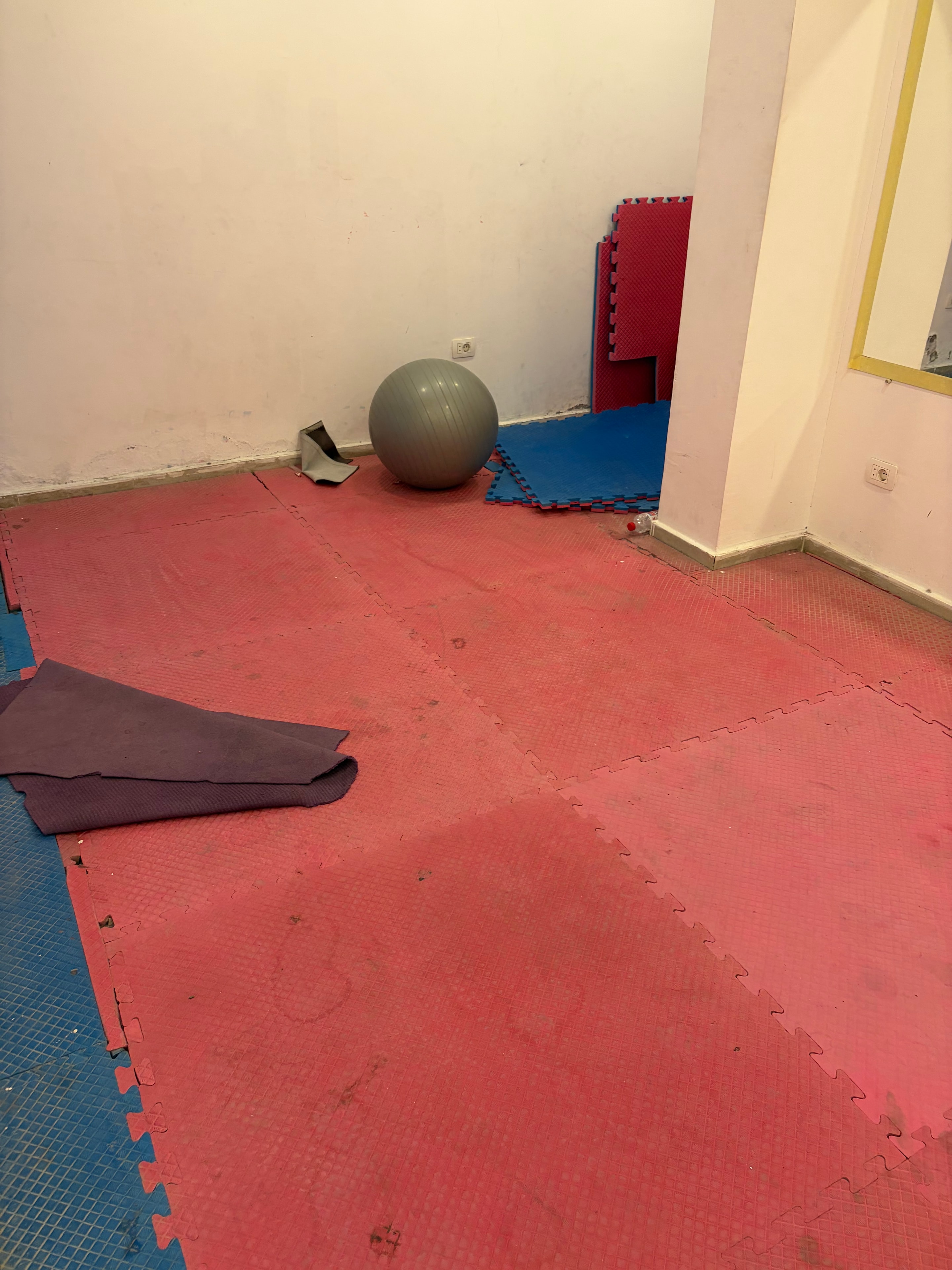 Ageing multi-gym equipment with worn cables in room with bare unfinished walls