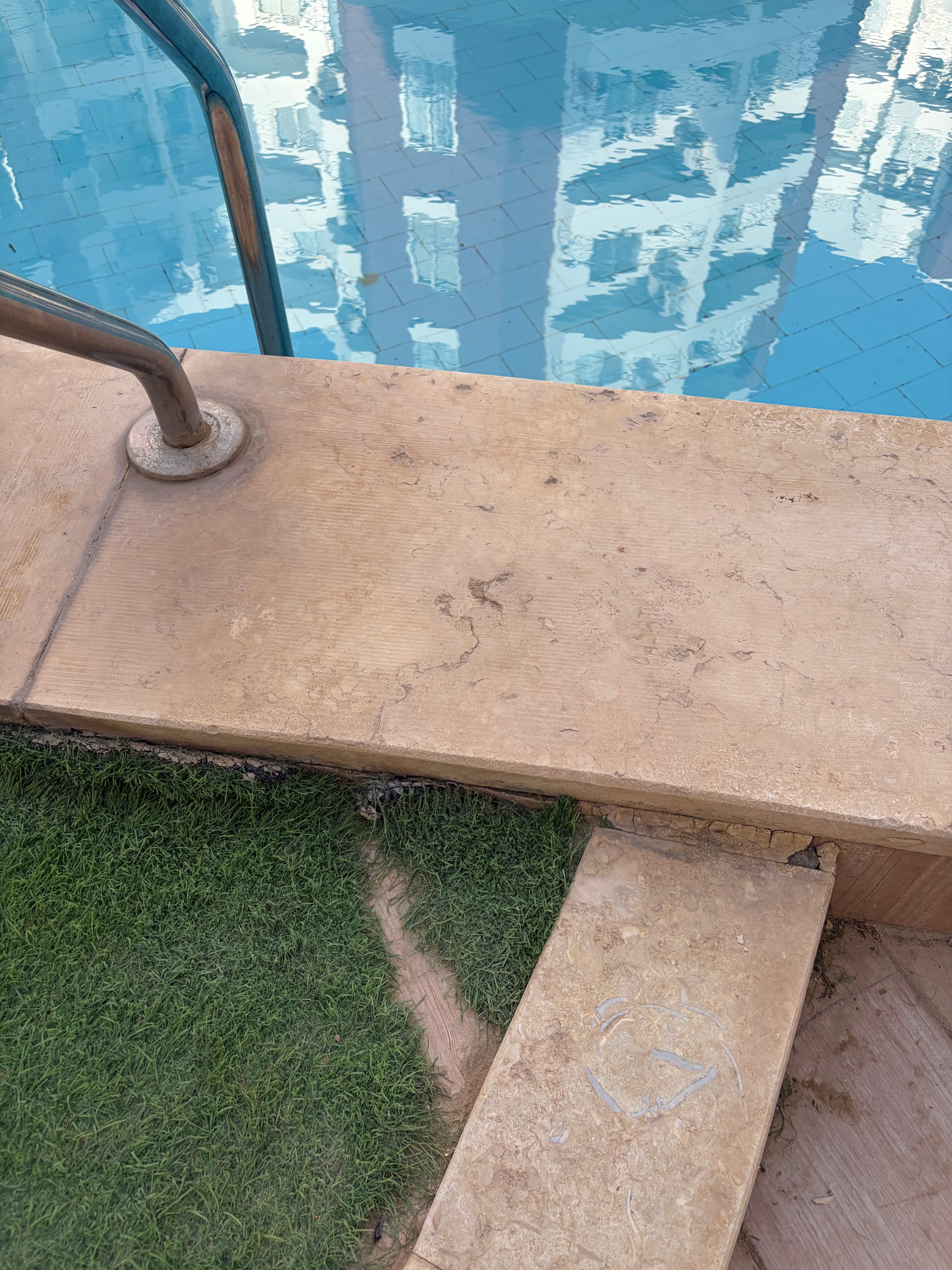Poolside landscaping — rocks, gravel and dying palm frond with heavy staining and mould on stone coping edge