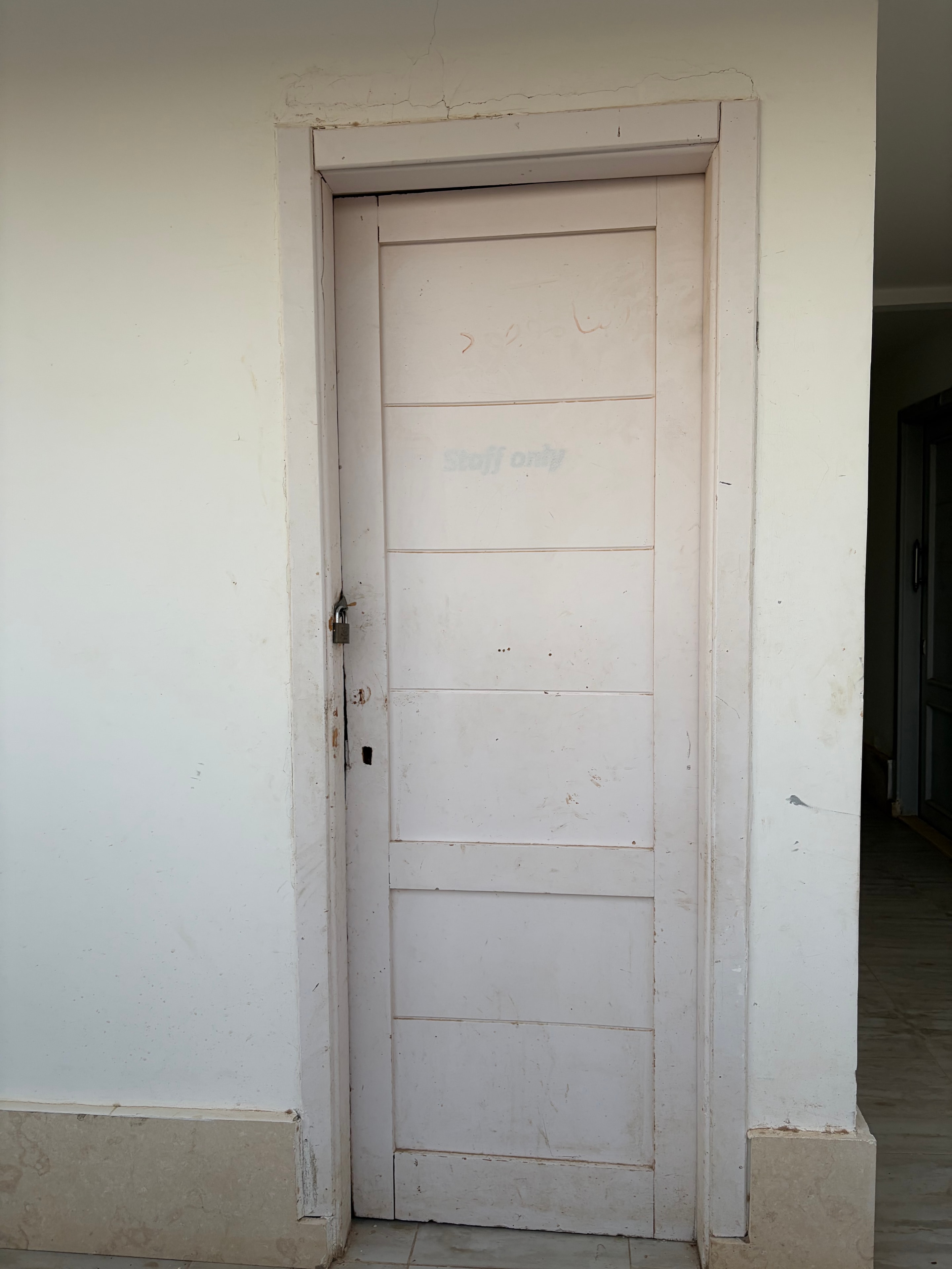 Second graffiti shot — wider angle of the same "Aqua Palms" graffiti shutter with padlock, bare concrete block wall surround, unfinished corridor beyond