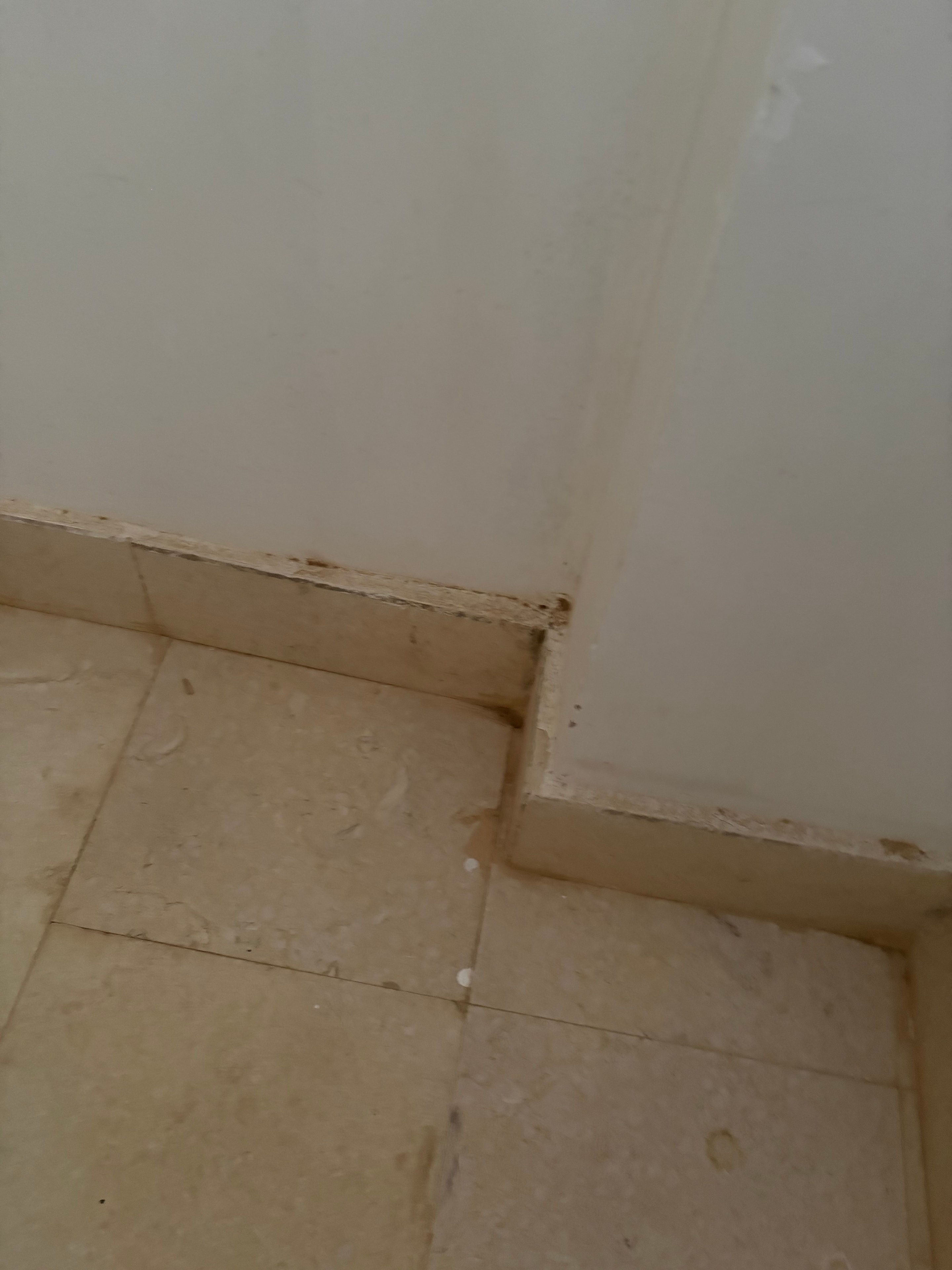 Looking down into stairwell/atrium — mattress and sofa cushion dumped on the floor below, broken metal shelving, complete disorder in a communal space