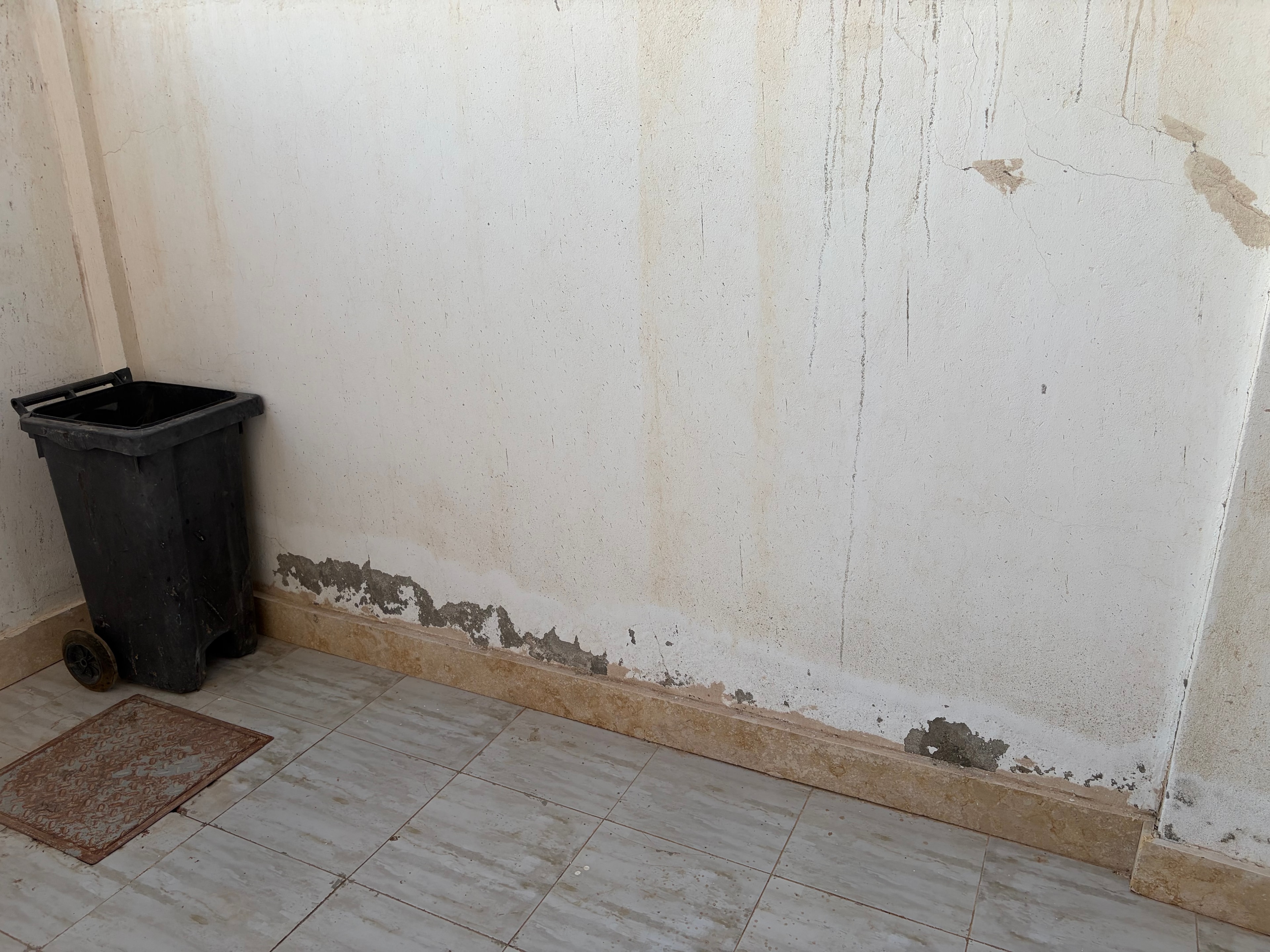 Render failure with wheelie bin — wall/ceiling junction render crumbling away, raw substrate exposed, large black wheelie bin stored in corner of communal space, tiled ceiling heavily stained above