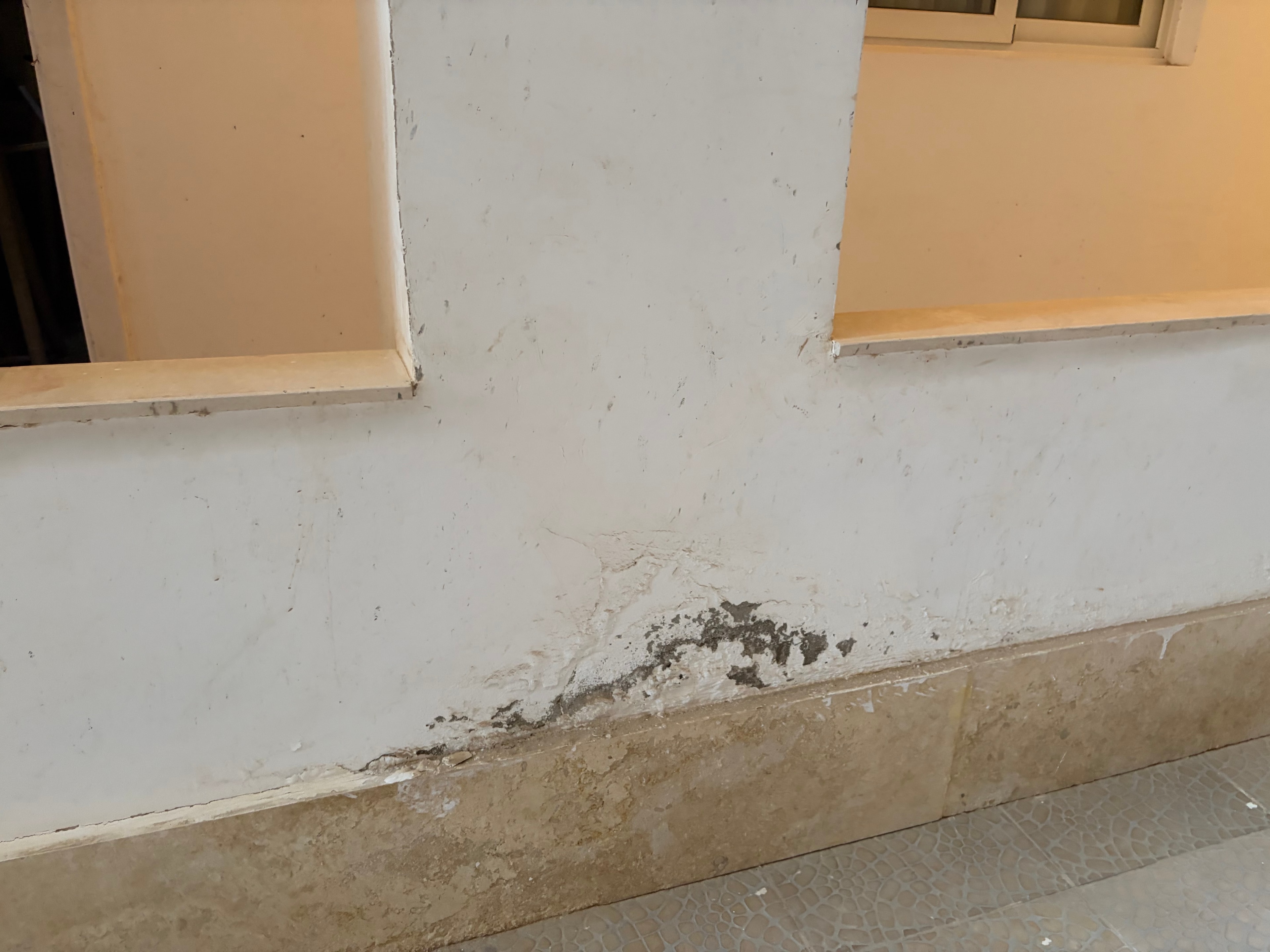Mould at beam/ceiling junction close-up — black mould growth clearly visible against dirty white paint, cracked tile ceiling above heavily stained, dark void visible through doorway below